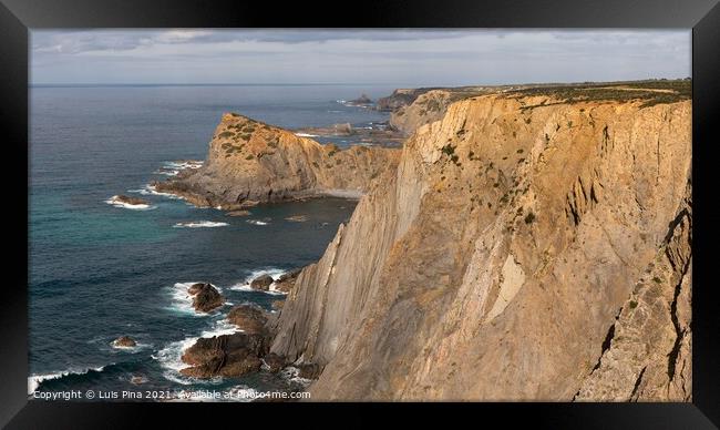 Praia da Arrifana beach sea cliffs in Costa Vicentina, Portugal Framed Print by Luis Pina