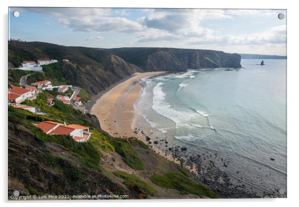 Praia da Arrifana beach with surfers on the atlantic ocean Acrylic by Luis Pina
