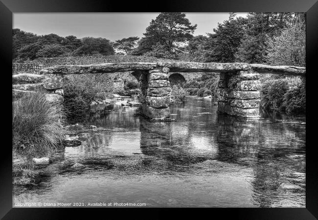  Clapper bridge Dartmoor Mono Framed Print by Diana Mower