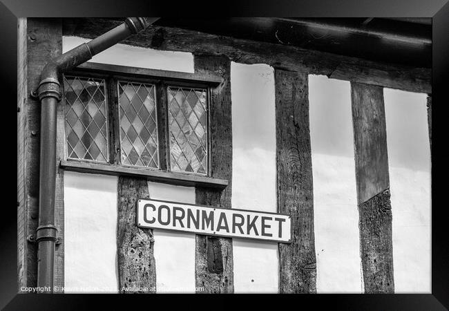Cornmarket sign on timber framed building Framed Print by Kevin Hellon