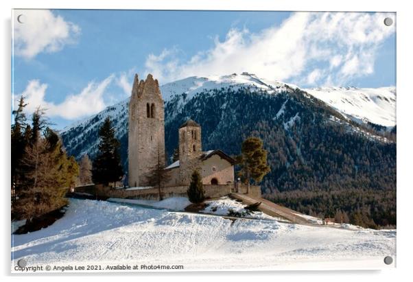 San Gian Church, Celerina, Switzerland Acrylic by Angela Lee