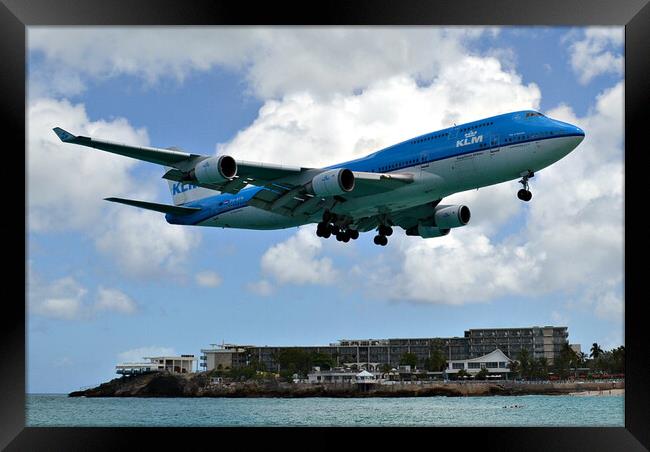 KLM Boeing 747 at Sint Maarten, the Caribbean  Framed Print by Allan Durward Photography