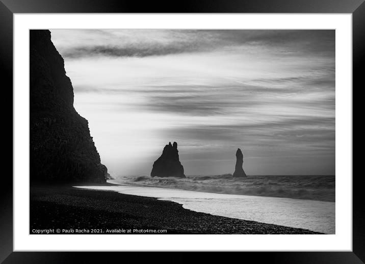 Reynisfjara black sand beach and Reynisdrangar rock formation - Iceland Framed Mounted Print by Paulo Rocha