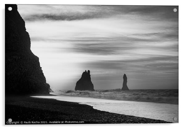 Reynisfjara black sand beach and Reynisdrangar rock formation - Iceland Acrylic by Paulo Rocha