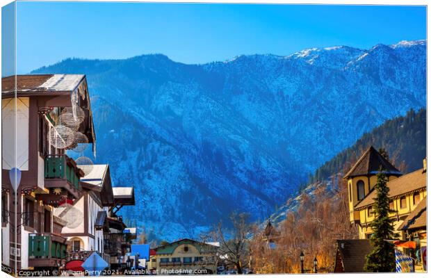 Winter Mountains Snow German Buildings Leavenworth Washington Canvas Print by William Perry