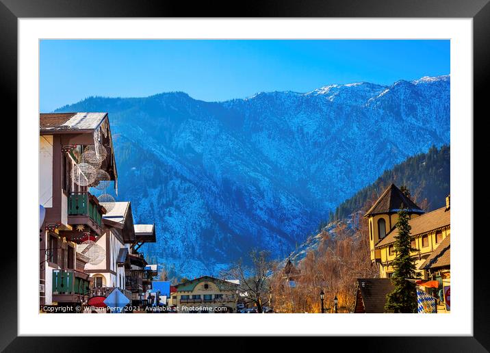 Winter Mountains Snow German Buildings Leavenworth Washington Framed Mounted Print by William Perry