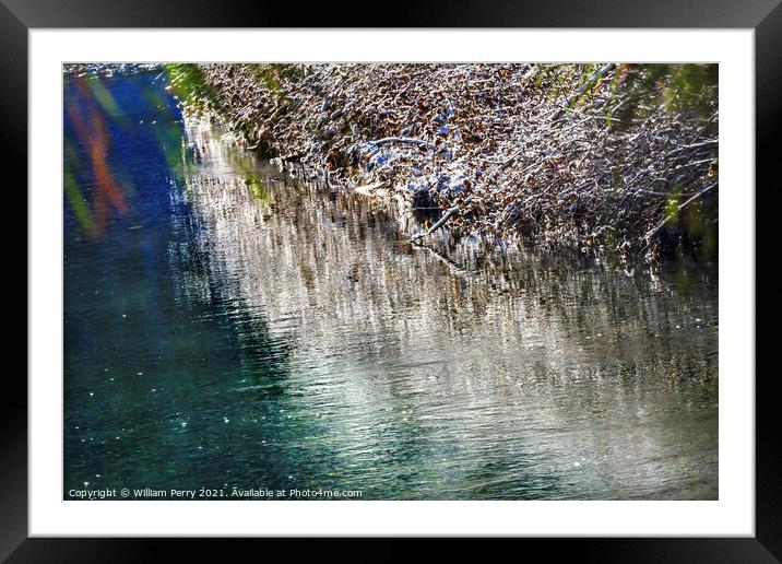 Winter Leaves Snow Ice  Wenatchee River Washington Framed Mounted Print by William Perry