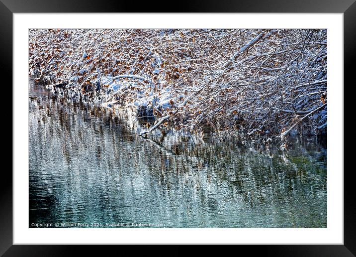 Winter Leaves Snow Ice  Abstract Wenatchee River Washngton Framed Mounted Print by William Perry