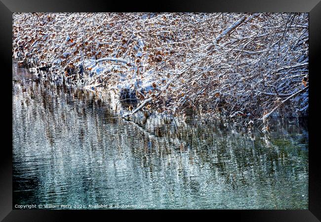 Winter Leaves Snow Ice  Abstract Wenatchee River Washngton Framed Print by William Perry