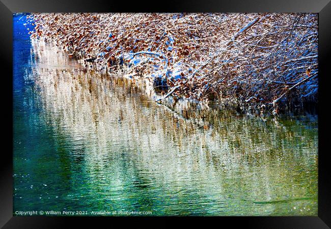 Winter Leaves Snow Ice  Abstract Wenatchee River Valley Leavenwo Framed Print by William Perry