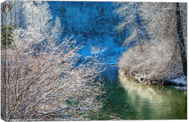 Winter Leaves Snow Ice  Wenatchee River Leavenworth Washinton Canvas Print by William Perry