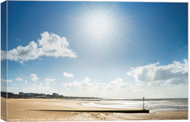 Blue skies over the beach at Margate, Kent.  Canvas Print by Justin Foulkes