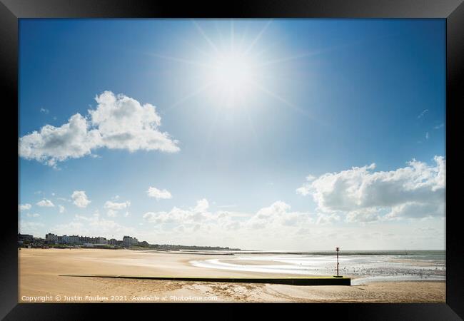 Blue skies over the beach at Margate, Kent.  Framed Print by Justin Foulkes