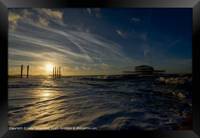 Calm morning sunrise at Brighton pier Framed Print by Julie Tattersfield