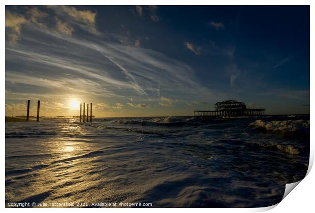 Calm morning sunrise at Brighton pier Print by Julie Tattersfield
