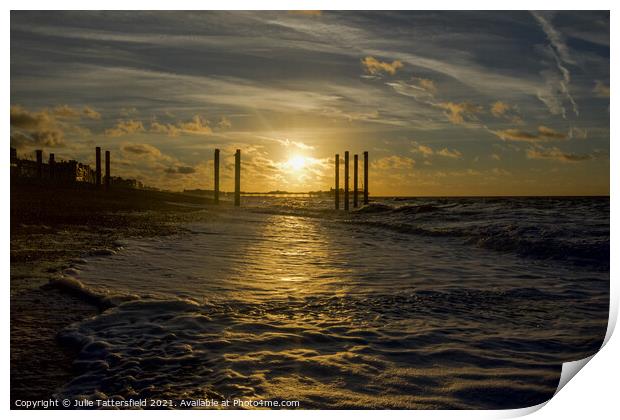 Brighton pier glowing in the sunrise Print by Julie Tattersfield