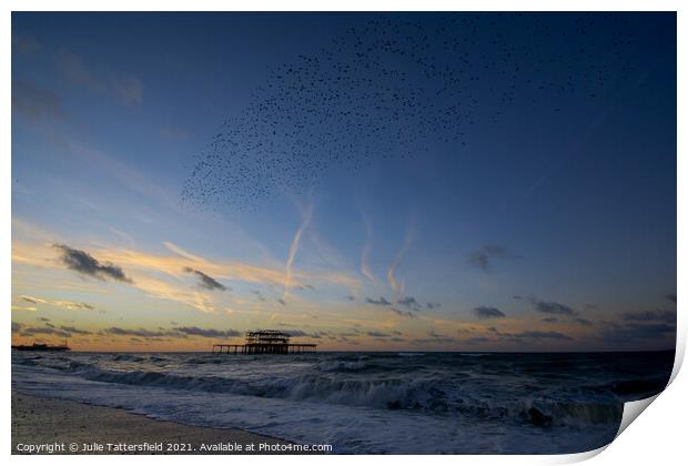 Starling murmation at Brighton pier Print by Julie Tattersfield