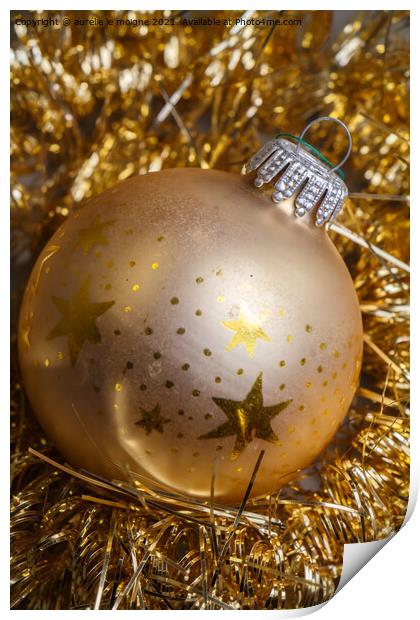 Golden Christmas ball and tinsel Print by aurélie le moigne