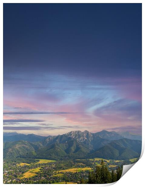 Vertical view of mountains in nature of sleeping knight tatra mountain covered with dramatic clouds aka as giewont and dramatic sunset or sunrise located in Zakopane, South Poland, Europe. Print by Arpan Bhatia