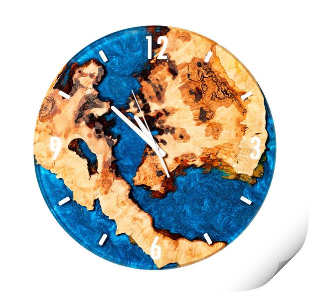 Beautiful round wooden wall clock made of tree root and blue epoxy resin isolated on white background. Print by Sergii Petruk