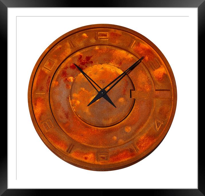 Unusual industrial iron wall clock covered with solid rust, isolated on white background. Framed Mounted Print by Sergii Petruk