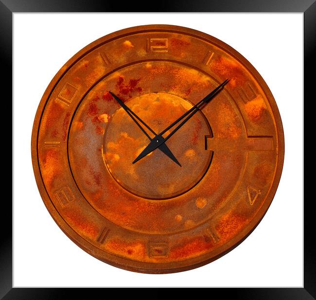 Unusual industrial iron wall clock covered with solid rust, isolated on white background. Framed Print by Sergii Petruk