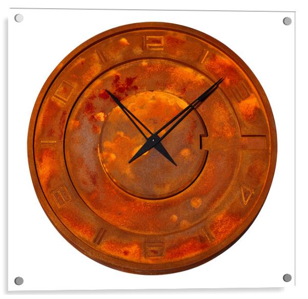 Unusual industrial iron wall clock covered with solid rust, isolated on white background. Acrylic by Sergii Petruk