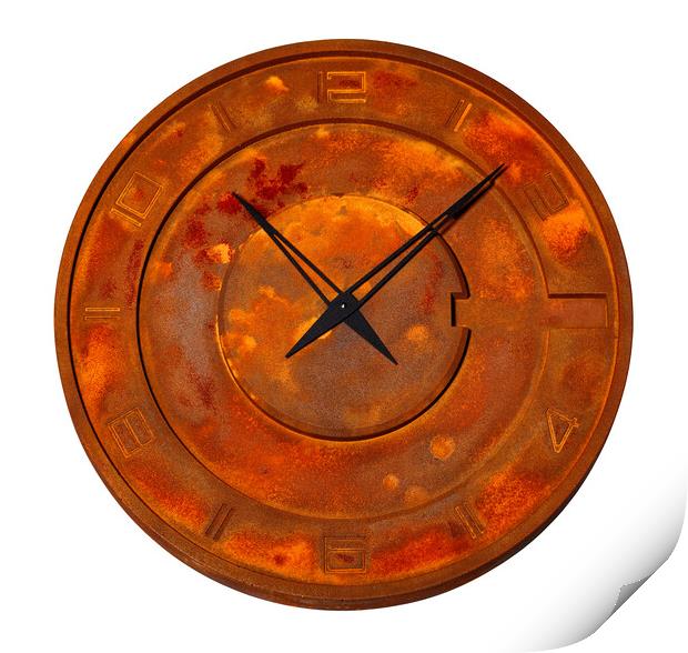 Unusual industrial iron wall clock covered with solid rust, isolated on white background. Print by Sergii Petruk