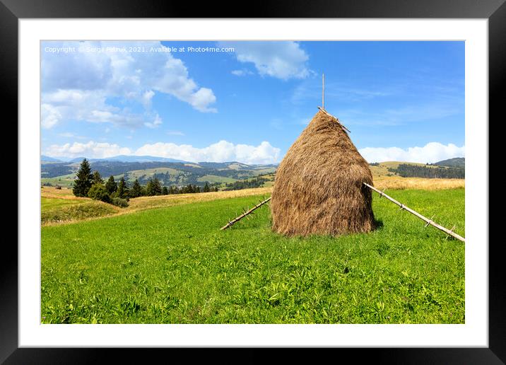 Haystack in the Carpathians on a green meadow against the backdrop of mountain hills. Framed Mounted Print by Sergii Petruk