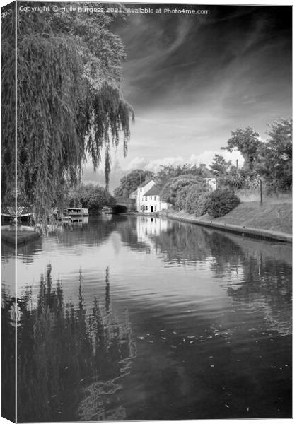 Black and White Country scene by the river,  Canvas Print by Holly Burgess