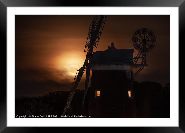 Cley windmill and harvest moon at night in Norfolk Framed Mounted Print by Simon Bratt LRPS