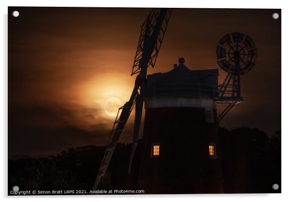 Cley windmill and harvest moon at night in Norfolk Acrylic by Simon Bratt LRPS