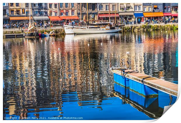 Yachts Boats Waterfront Reflection Inner Harbor Honfluer France Print by William Perry