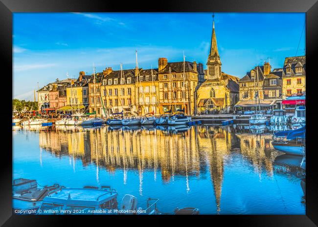 Yachts Boats Waterfront Reflection Inner Harbor Honfluer France Framed Print by William Perry