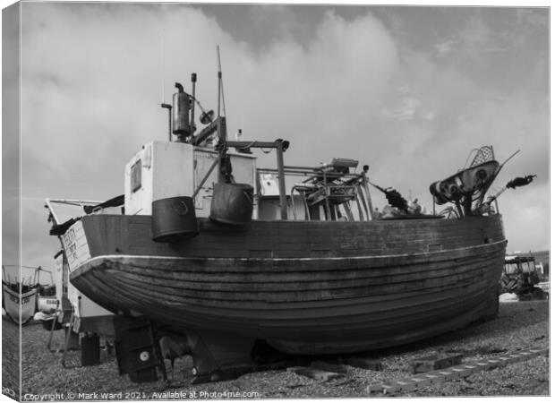 Hastings Fishing Boat in Monochrome. Canvas Print by Mark Ward