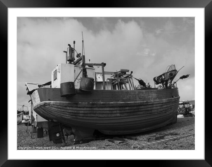 Hastings Fishing Boat in Monochrome. Framed Mounted Print by Mark Ward