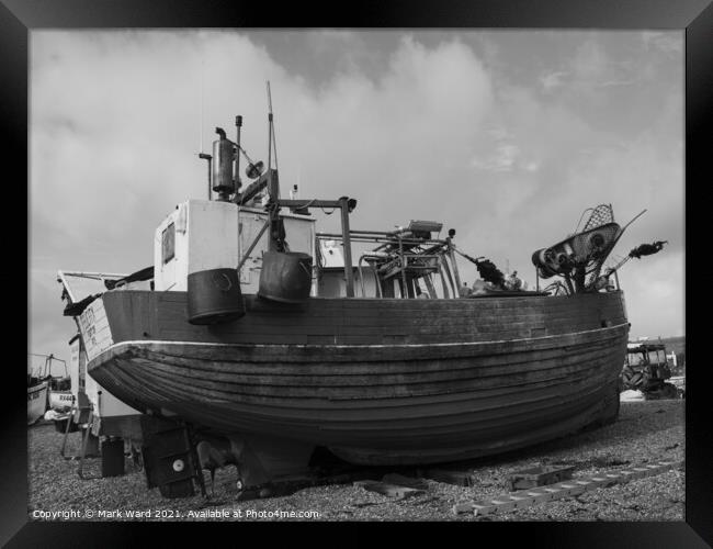 Hastings Fishing Boat in Monochrome. Framed Print by Mark Ward