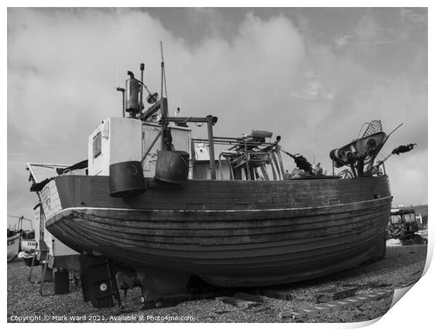 Hastings Fishing Boat in Monochrome. Print by Mark Ward