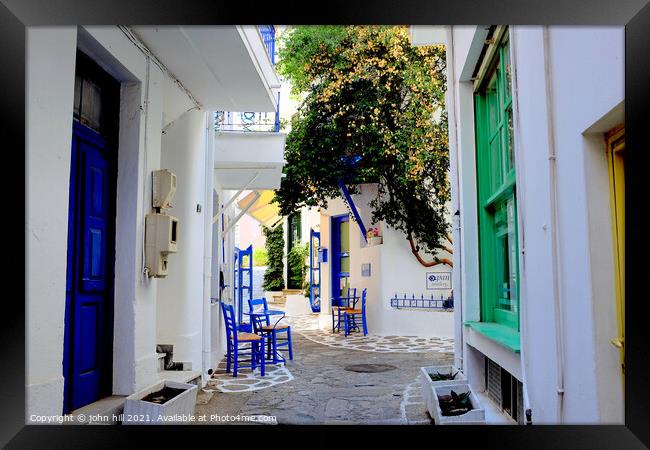 Skaithos town back street, Greece. Framed Print by john hill
