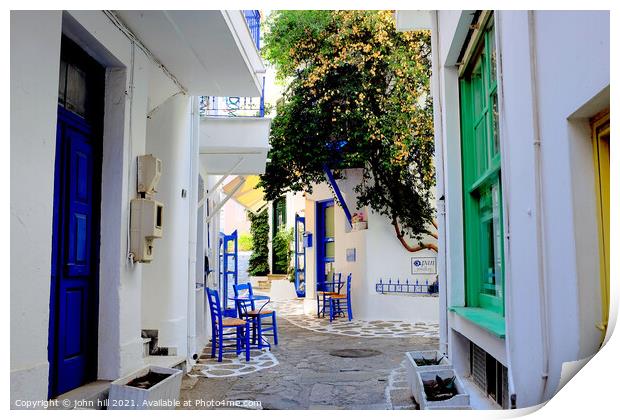 Skaithos town back street, Greece. Print by john hill