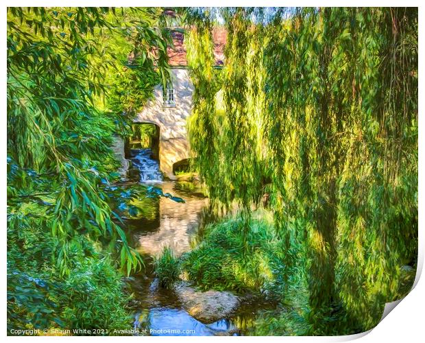 Water Mill through willow trees Print by Shaun White