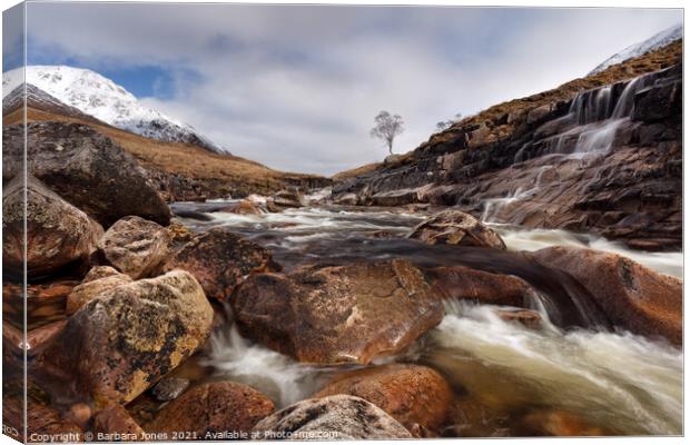Glen Etive River Etive and Waterfall Scotland Canvas Print by Barbara Jones