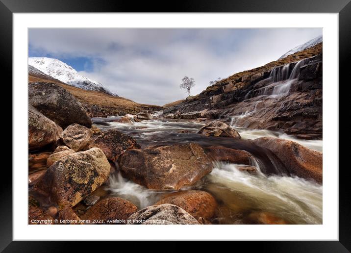 Glen Etive River Etive and Waterfall Scotland Framed Mounted Print by Barbara Jones