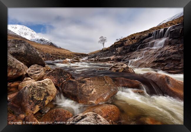Glen Etive River Etive and Waterfall Scotland Framed Print by Barbara Jones