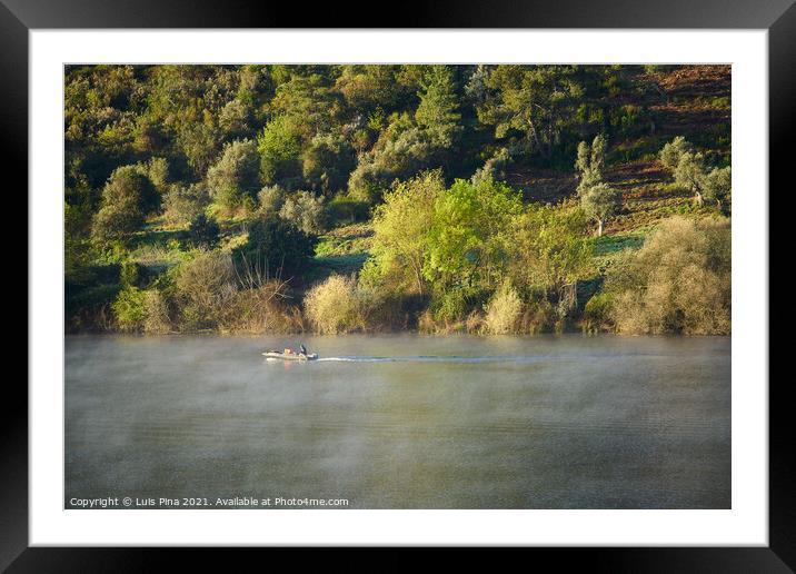 Fisherman fishing in a beautiful landscape nature in Guadiana river in Portas de Rodao, Portugal Framed Mounted Print by Luis Pina