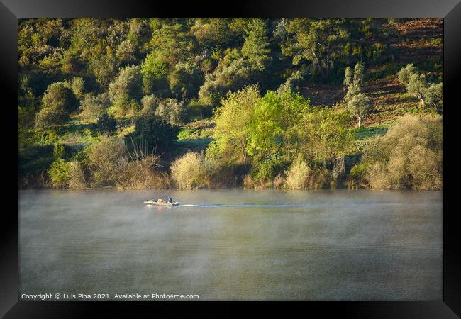 Fisherman fishing in a beautiful landscape nature in Guadiana river in Portas de Rodao, Portugal Framed Print by Luis Pina