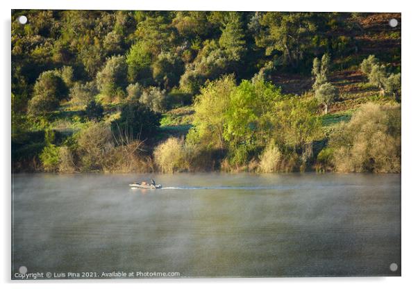 Fisherman fishing in a beautiful landscape nature in Guadiana river in Portas de Rodao, Portugal Acrylic by Luis Pina