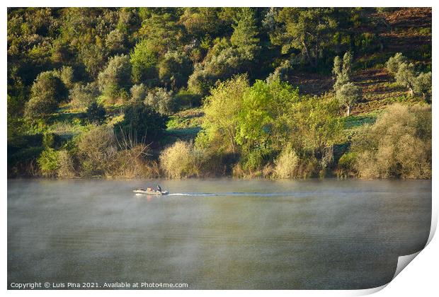 Fisherman fishing in a beautiful landscape nature in Guadiana river in Portas de Rodao, Portugal Print by Luis Pina