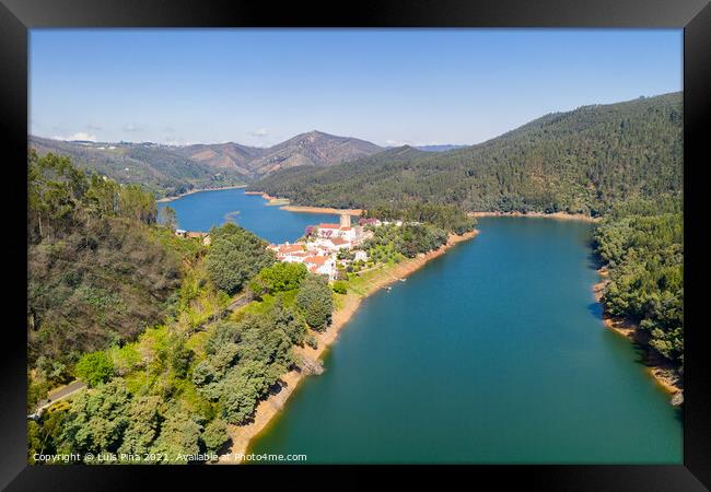 Dornes drone aerial view of city and landscape with river Zezere in Portugal Framed Print by Luis Pina