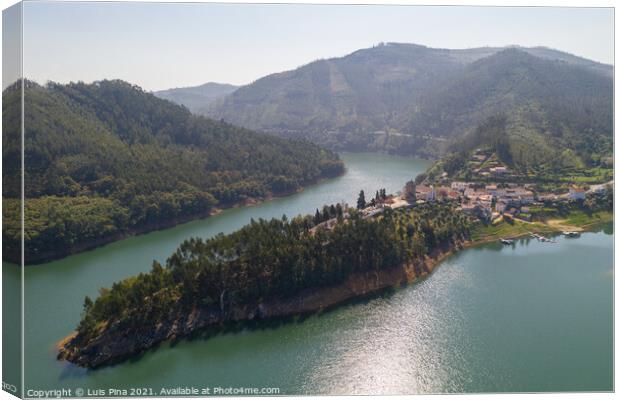 Dornes drone aerial view of city and landscape with river Zezere in Portugal Canvas Print by Luis Pina